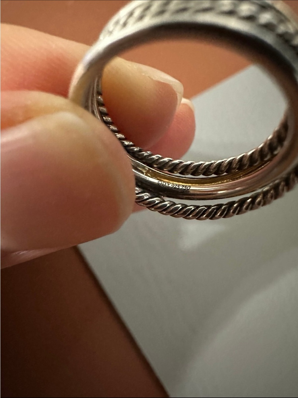 David Yurman Two-Tone Cable Crossover Band Ring - Silver and 18k Gold - Picture 4 of 6